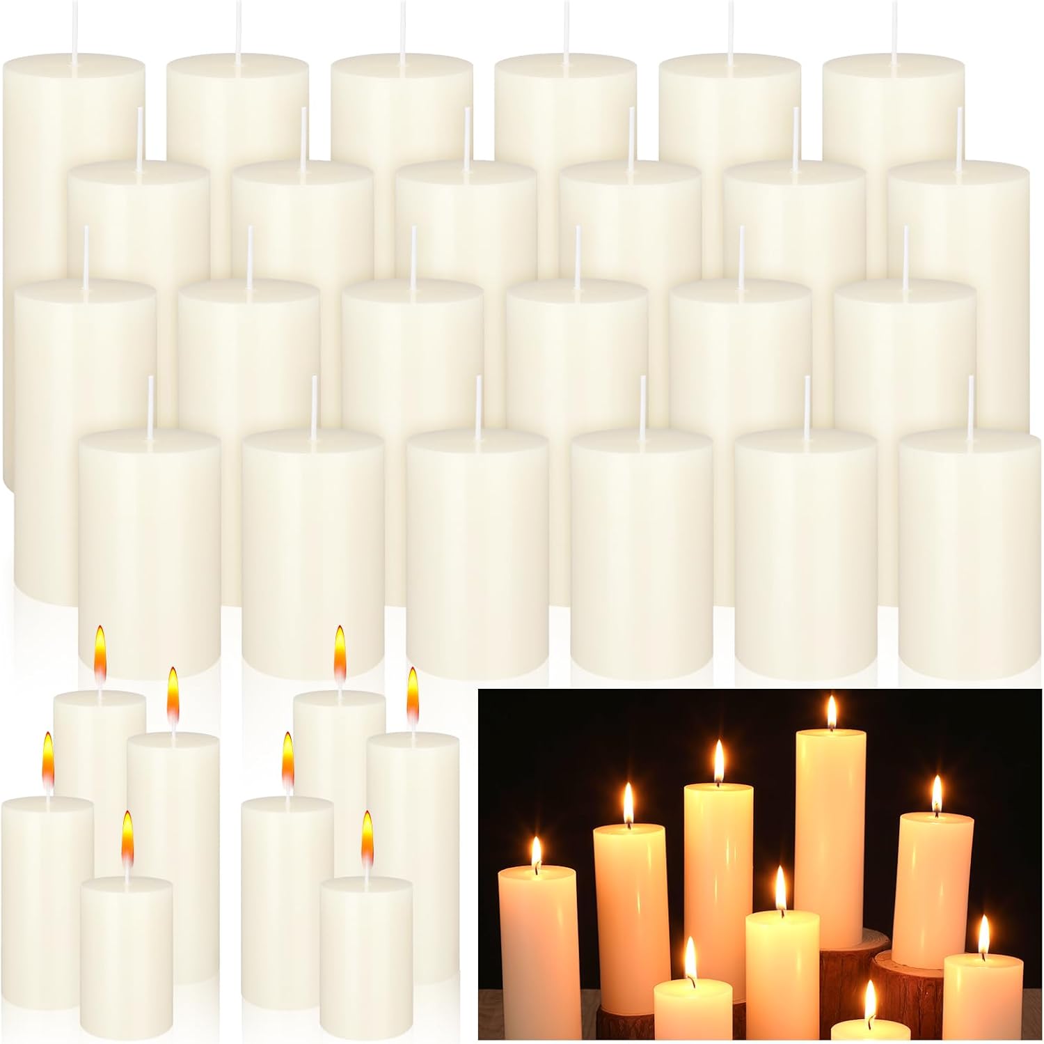 MTLEE 36 Pcs Pillar Candles Bulk Unscented Candle Set 38 Hour Long Burning Dripless for Dinner Emergency Wedding Spa Party(4 Sizes,Beige)