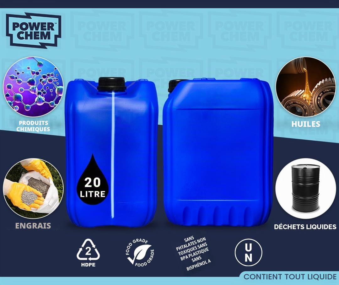 Lot de 2 bidons de 20 l - Approuvés par l'ONU - Avec bouchon inviolable de 61 mm - Parfaits pour le stockage de l'eau et des liquides - Bleu