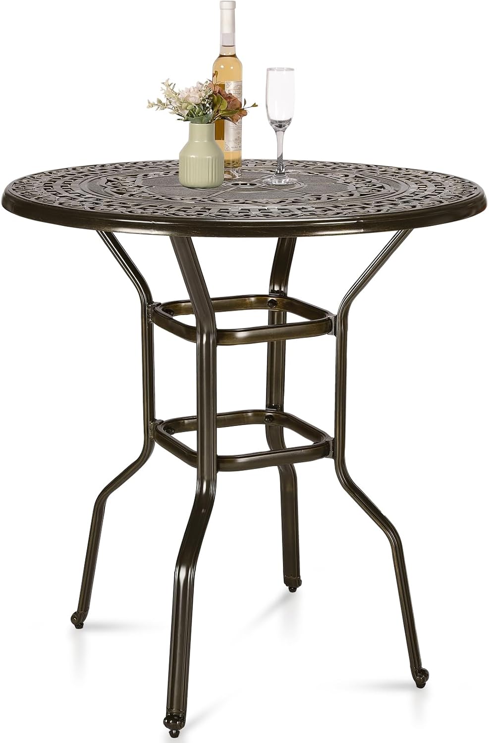 Cast Aluminum Patio Bar Table, 38.5" Outdoor Bar Height Bistro Table with 2" Umbrella Hole, Patio Bistro Round High Top Dining Table Pub Table for Porch Balcony Backyard, Dark Bronze