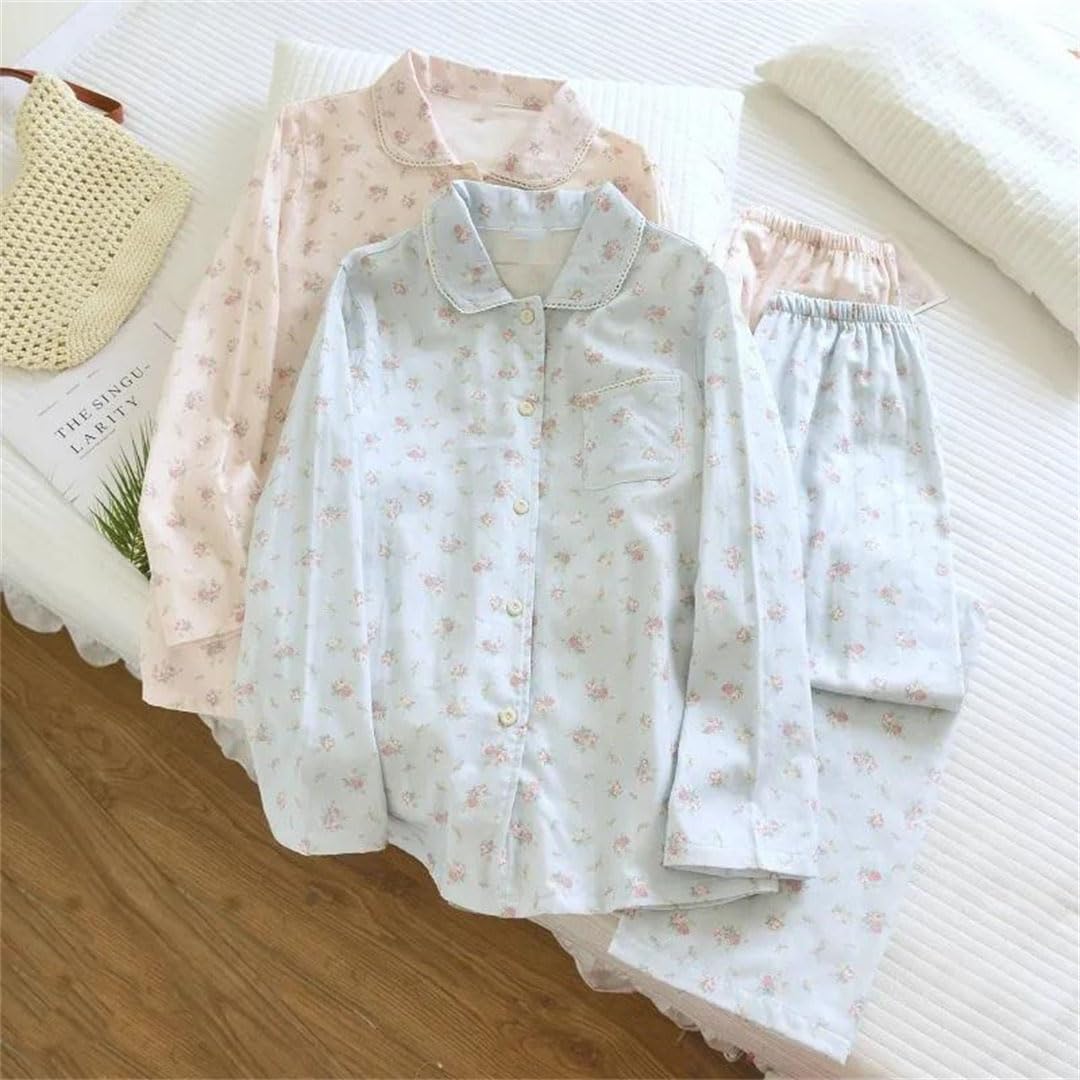 Conjunto de pijama de gasa de algodón para mujer, con encaje floral, manga larga, pantalones de dormir
