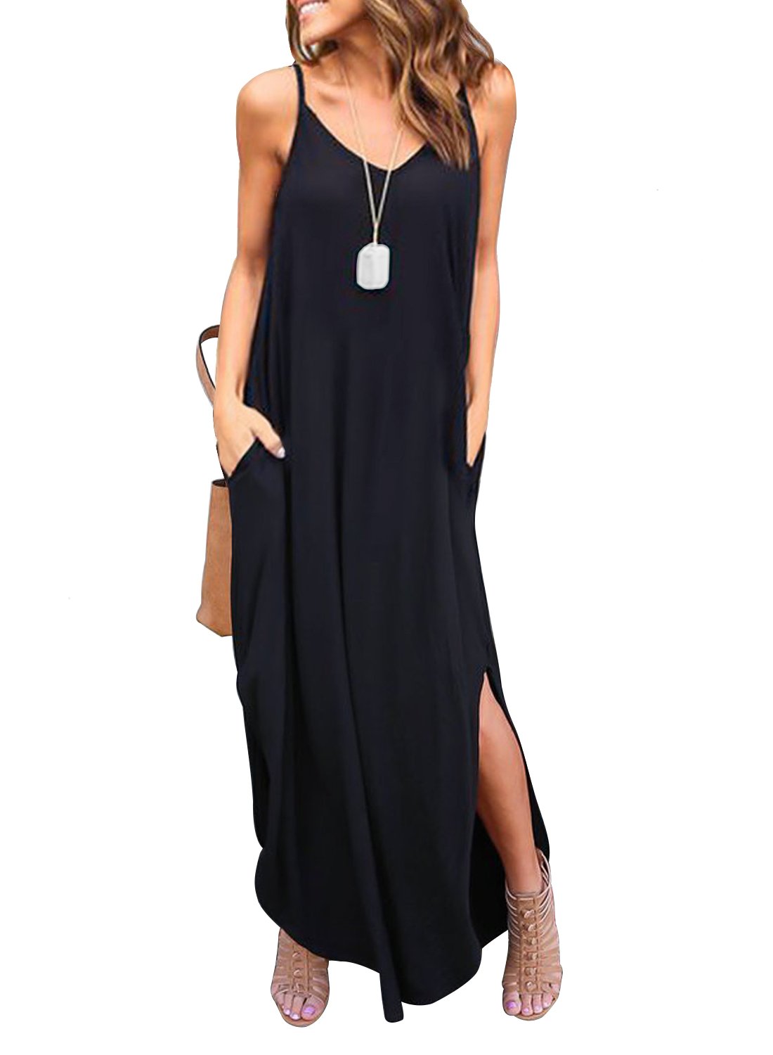 HUSKARY Women's Summer Casual Sleeveless V Neck Strappy Split Loose Dress Beach Cover Up Long Cami Maxi Dresses with Pocket