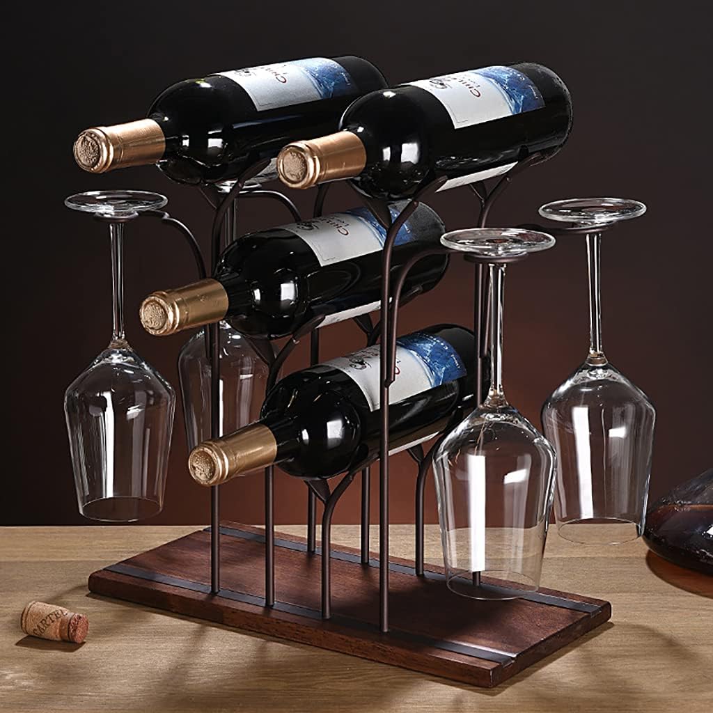 Tabletop Wood Freestanding Wine Holder Hold 4 Wine Bottles and 4 Glasses Wine Storage Shelf for Kitchen Bar Pantry Wine Cellar Basement