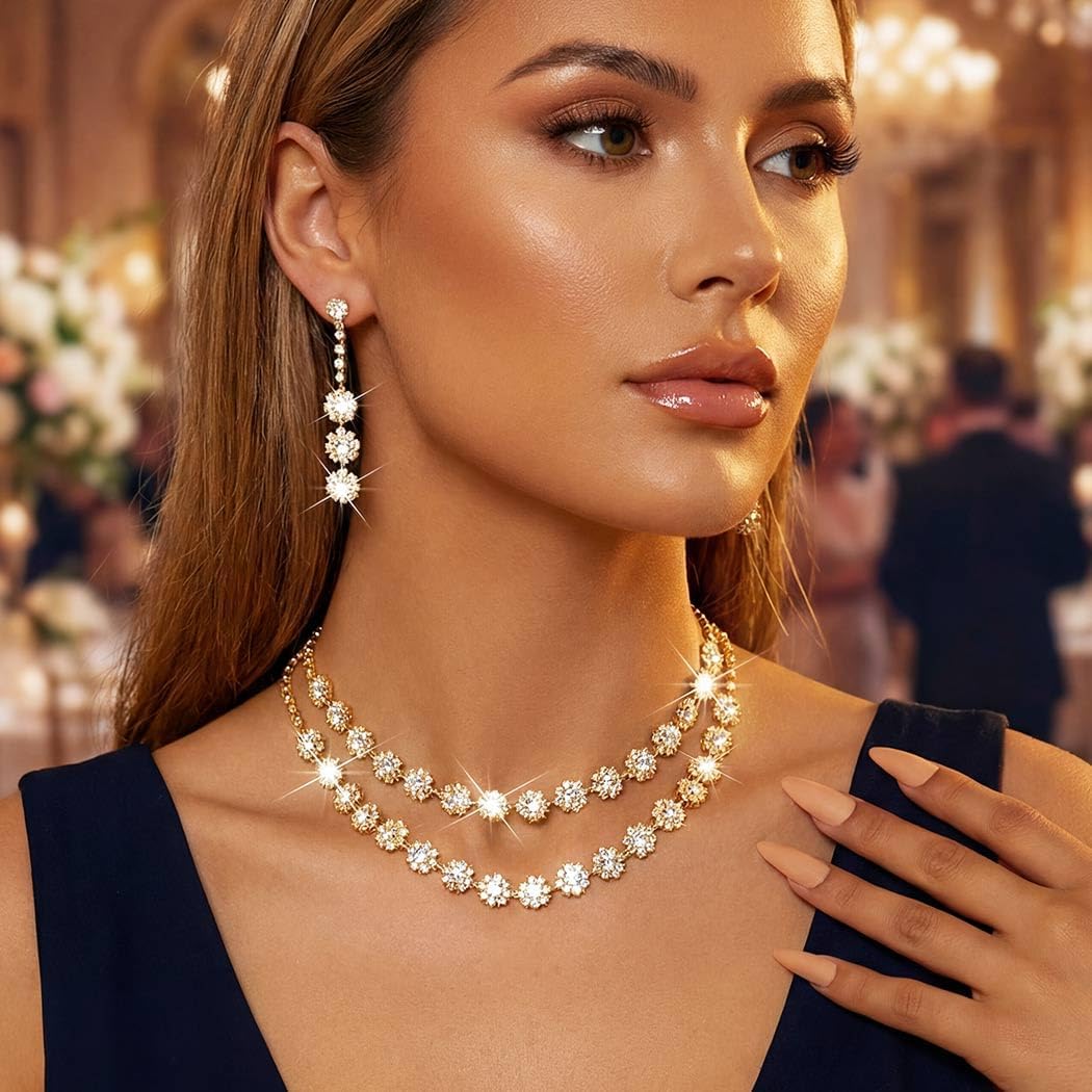 Aukmla Rhinestone Bridal Wedding Jewelry Sets Crystal Choker Necklace Earrings Set Prom Formal Jewelry for Women - Image 3