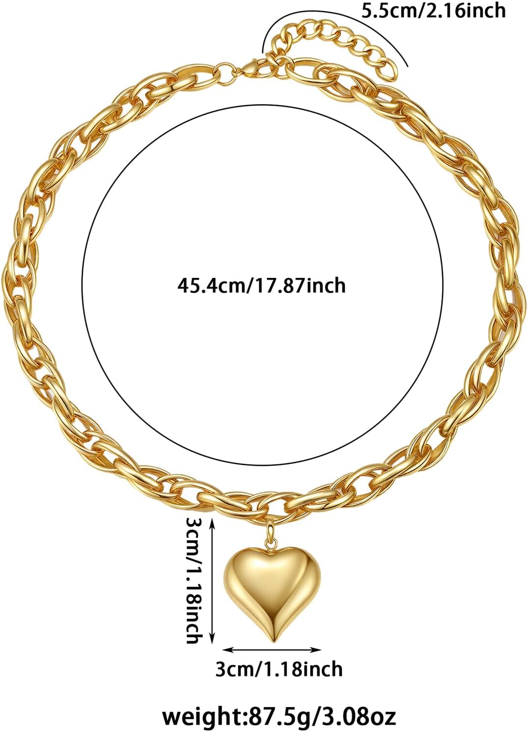 Elegant Gold Plated Heart Pendant Necklace for Women, Chunky Statement Chain with Secure Lobster Clasp,Gift for Her - Image 3