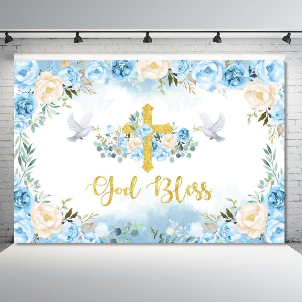 Baby Shower Backdrop God Bless Backdrop 7x5ft Blue Flowers Gold Cross Peace Dove for Newborn Boy Baby Shower Decorative Banners Ceremony Portrait Photo Booth Props