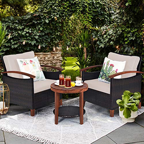 Tangkula 3 Pieces Patio Furniture Set, Outdoor Rattan Sofa and Side Table w/Solid Acacia Wood Frame, High Load Bearing Conversation Bistro Set w/Washable and Removable Cushions (Beige) Tangkula 3 Pieces Patio Furniture Set, Outdoor Rattan Sofa and Side Table w/Solid Acacia Wood Frame, High Load Bearing Conversation Bistro Set w/Washable and Removable Cushions (Beige)