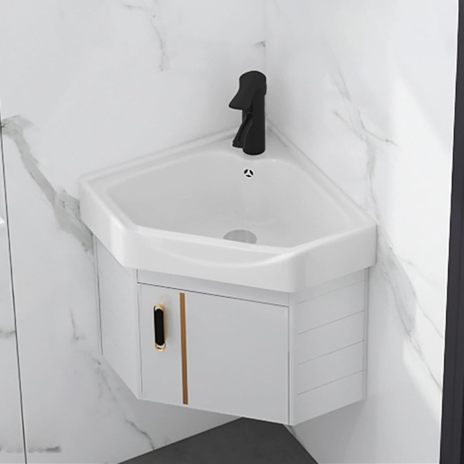 Corner Bathroom Sink, Ceramic Bathroom Sinks, Wall Mounted Bathroom Sink, Corner Bathroom Vanity, Bathroom Sink with Storage Container, Mount Bathroom Vanity(15inchx38cm)