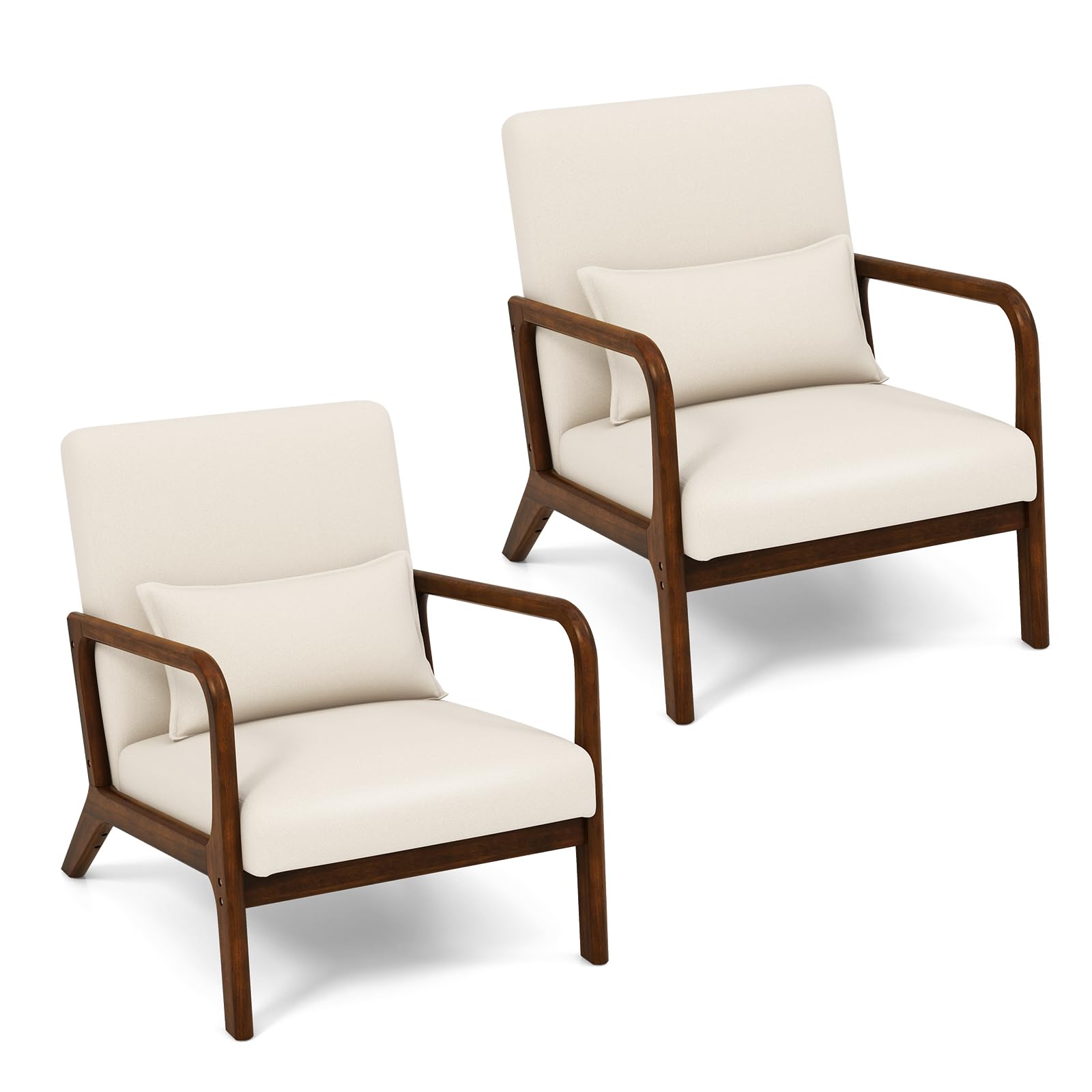 GIANTEX Mid Century Accent Chair, Innere Freizeit Stuhl mit gepolstertem Sitz & Rücken, gepolstert Gummi Holz Sessel mit Lendenkissen, Lounge Stuhl für Schlafzimmer (Beige)