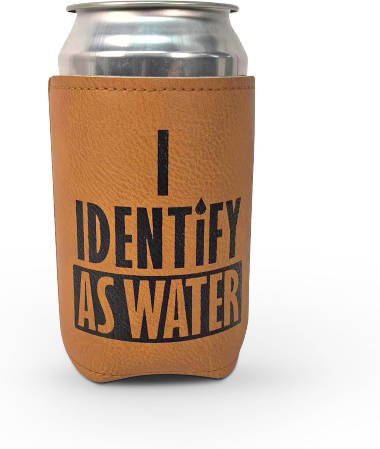 4E's Novelty I Identify As Water Designed 12oz Leather Can Cooler for Men, White Elephant Gift for Adults Funny, Dad Husband Boyfriend, Faux Leather Sleeve Insulated Holder