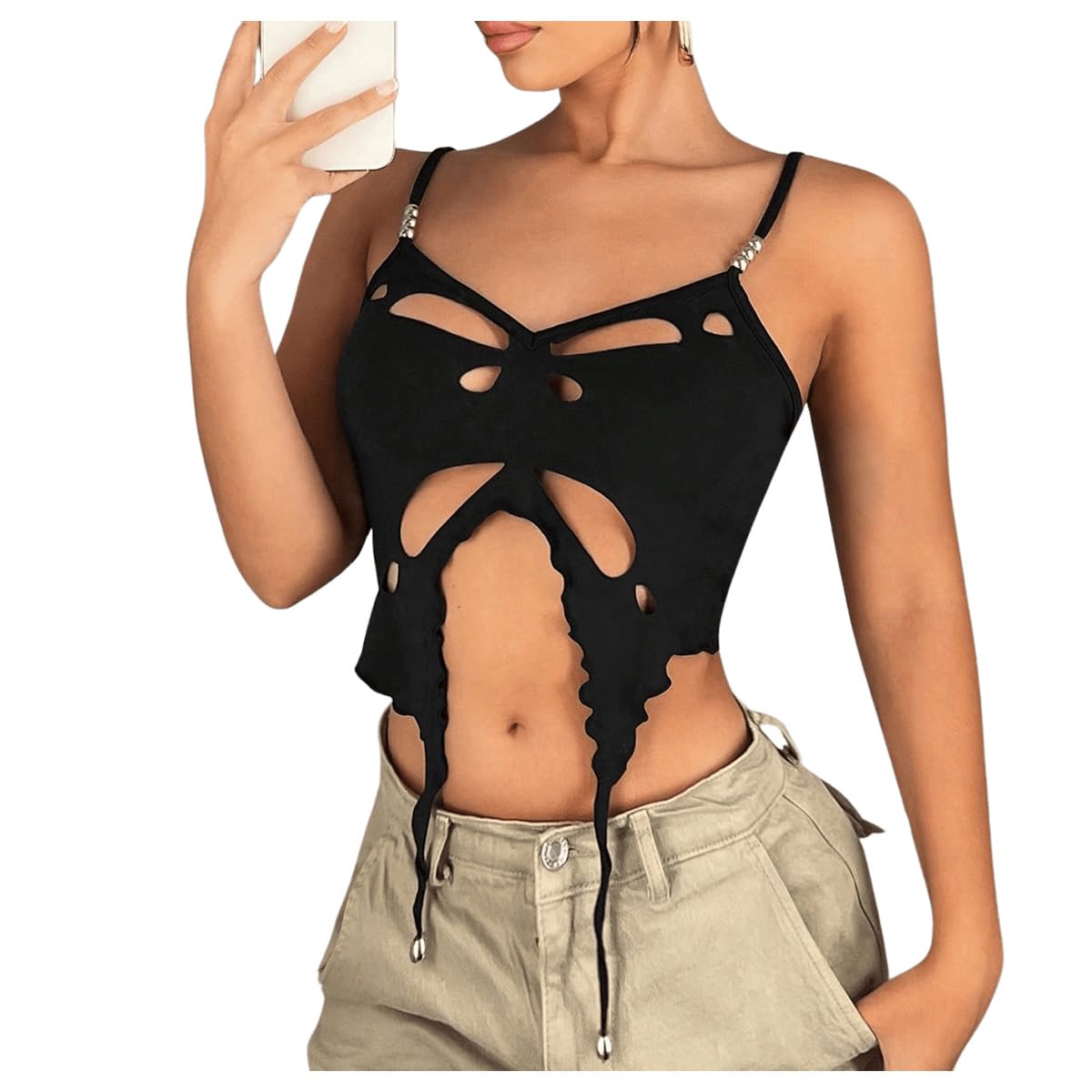 Verdusa Women's Sleeveless Crop Top Cut Out Asymmetrical Hem Slim Fit Cami Top