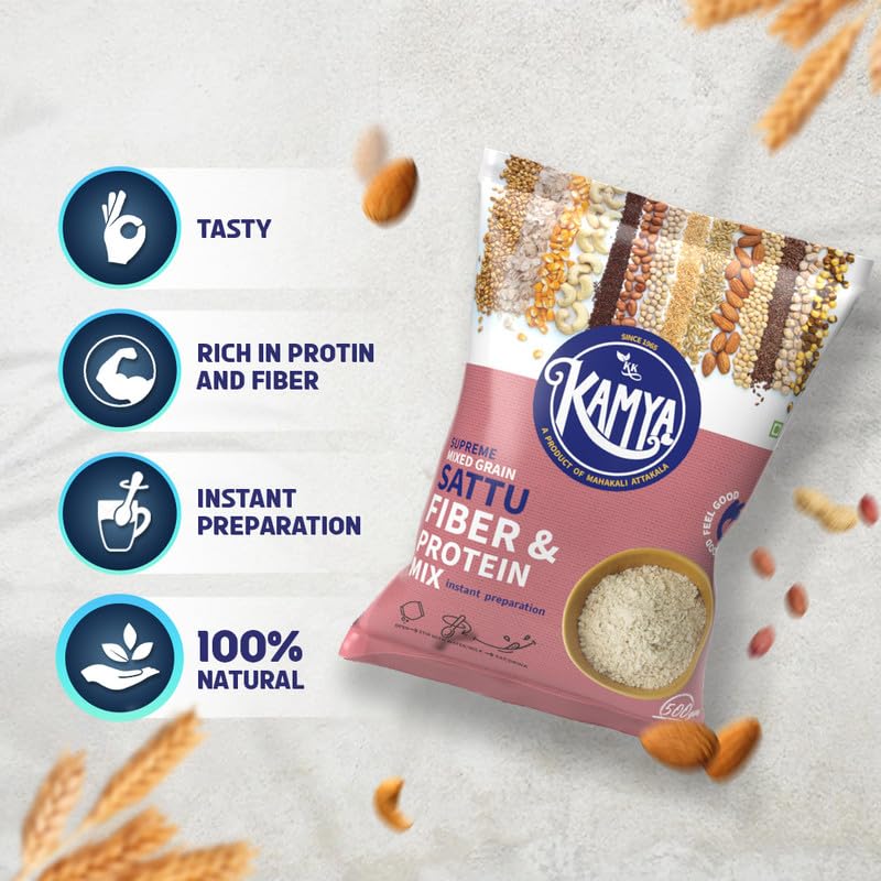 Image of KK Kamya Supreme Mixed Grain Sattu | Natural Powder with High Protein and Fiber | 100% Natural Nutrition | Cereals & Nuts Sattu Drink (Pack of 6x500g.=3Kg.)
