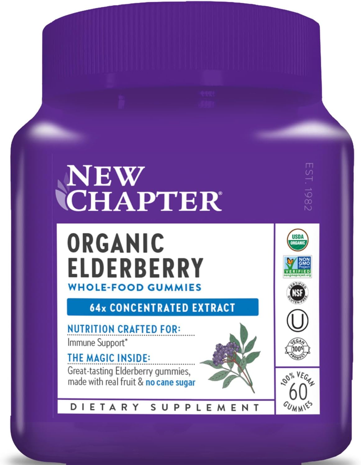New Chapter Elderberry Gummies for Adults & Kids (2+), USDA Organic 64x Concentrated Elderberry for Immune Support, Great-Tasting Whole-Food Gummies, Vegan & Non-GMO – 60 ct
