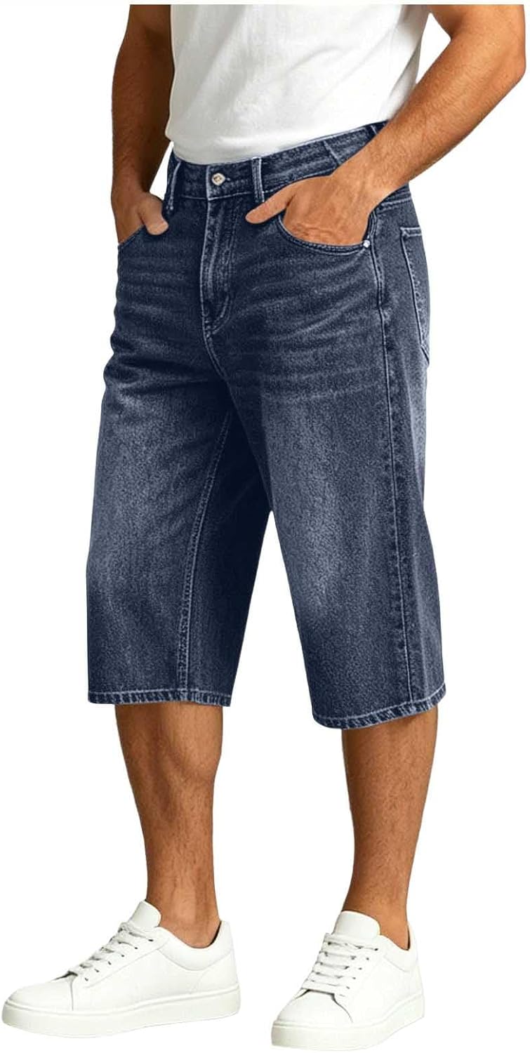 Summer Capri Jeans for Men Elastic Waist Wide Leg Denim Cropped Pants Casual Beach Vacation Capris with Pockets