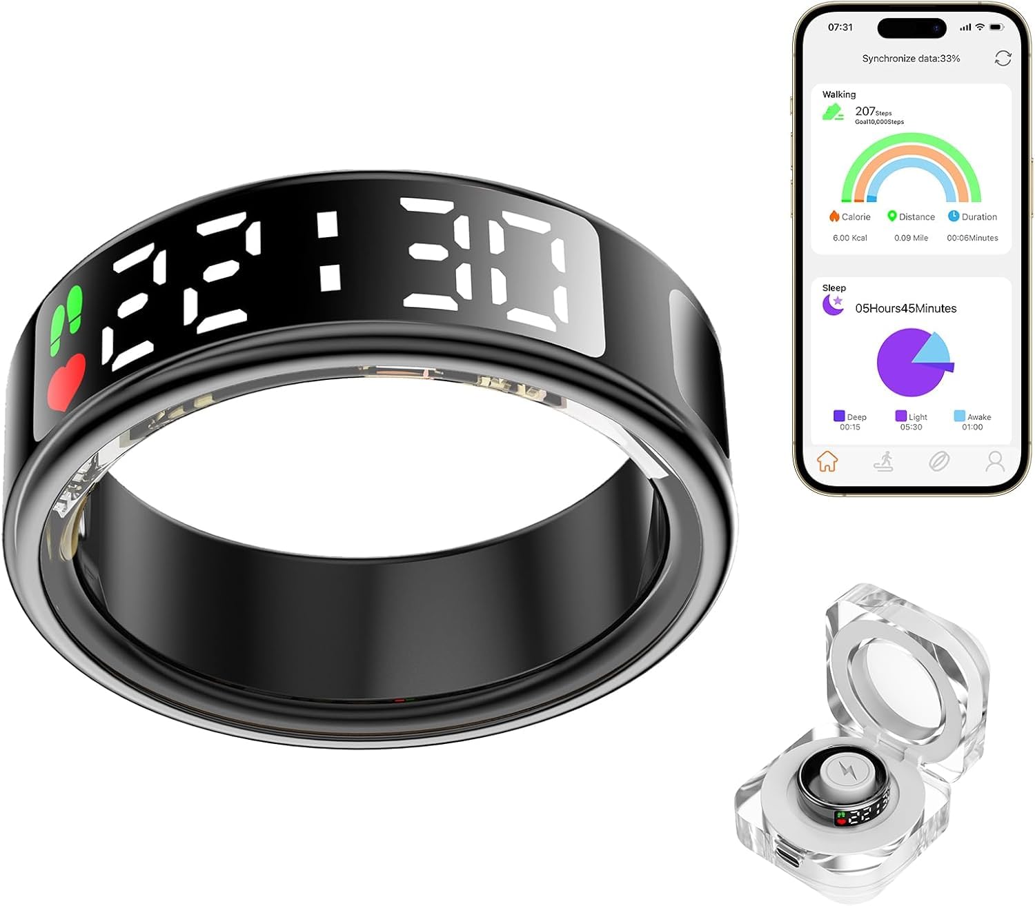 Inteligentny pierścień fitness z ekranem dotykowym LED, wodoodporny monitor zdrowia IP68, dla kobiet i mężczyzn, Bluetooth, pulsometr, pomiar snu, licznik kroków i monitor aktywności do