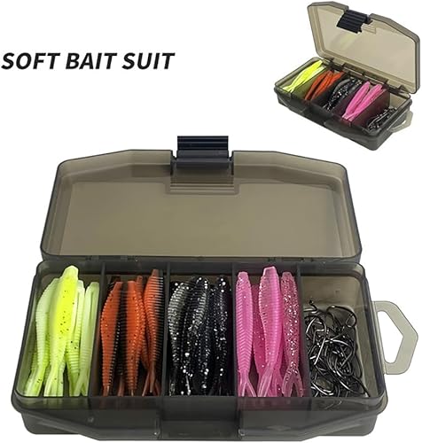 Miniatura 9 de FANGBLUE 40 piezas  caja de 0.12oz con gancho para cabeza de calar cola en T, señuelos suaves de silicona artificial, cebo de gusano, señuelo de