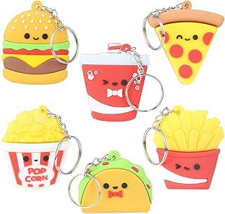 Fast Food Keychains For Kids, Set of 6, Includes Soda, Pizza, Taco, Sandwich, Popcorn And French Fries, Cool Keychain Accessories, Keychains For Boys & Girls, Food Party Favors