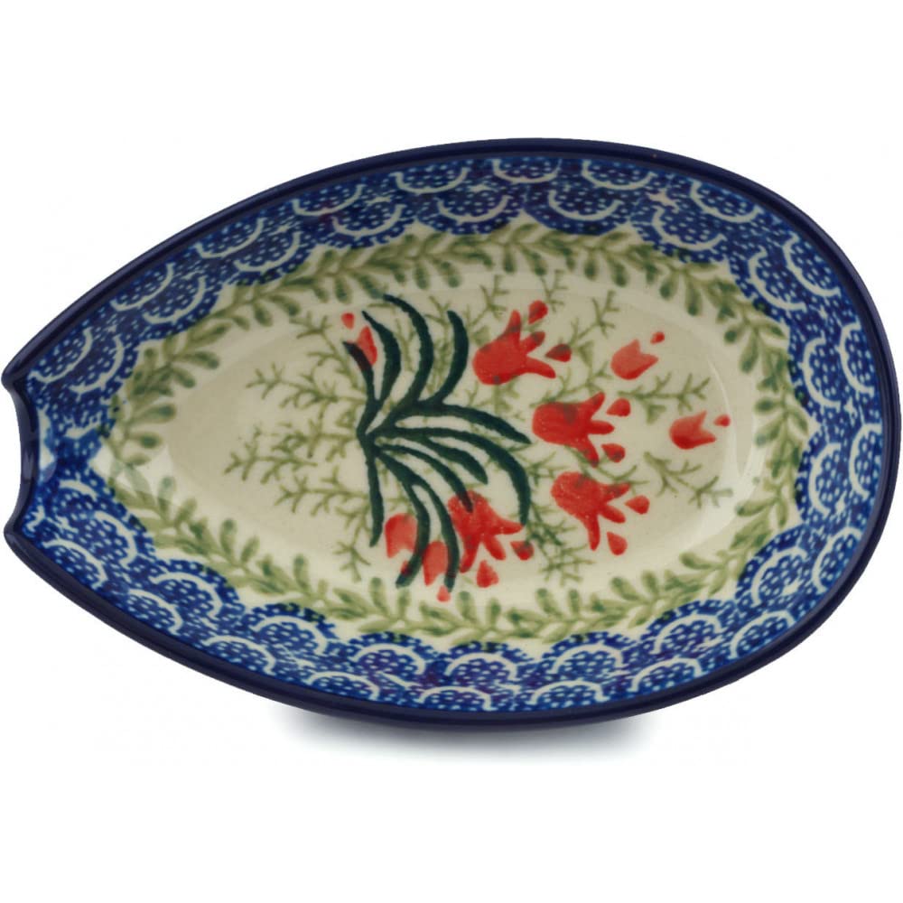 Authentic Polish Pottery Spoon Rest in Crimson Bells Design Handmade in Boles?awiec Poland by Ceramika Artystyczna + Certificate of Authenticity
