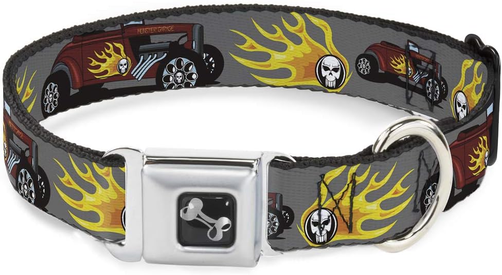 Buckle-Down Seatbelt Buckle Dog Collar - Hot Rod w/Flame Skull - 1" Wide - Fits 15-26" Neck - Large
