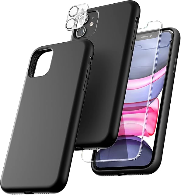 TOCOL 5 in 1 for iPhone 11 Phone Case, with 2 Pack Screen Protector + 2 Pack Camera Lens Protector, Silicone Slim Shockproof Cover iPhone 11 Case [Anti-Scratch] [Drop Protection] 6.1", Black