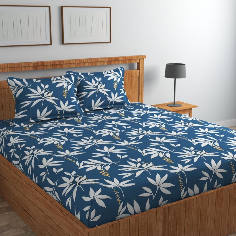 NEW LEAF Premium Cotton Flat Double Bedsheets with 2 King Size Pillow Covers | Double Bed Breathable | Wrinklefree | Ultrasoft 220 TC Supersoft | 90 x 90 Inches|Small Leaf Teal Blue and White