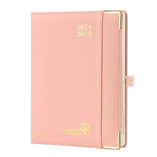 POPRUN Agenda 2024 2025 Semainier 22 x 16,5 cm, Premium Planner Scolaire 17 Mois De Août 2024 à Déc 2025, Couvercle en cuir de coton PU, Onglets Mensuels, Papier Certifié FSC® 100 g/m² - Rose Doux