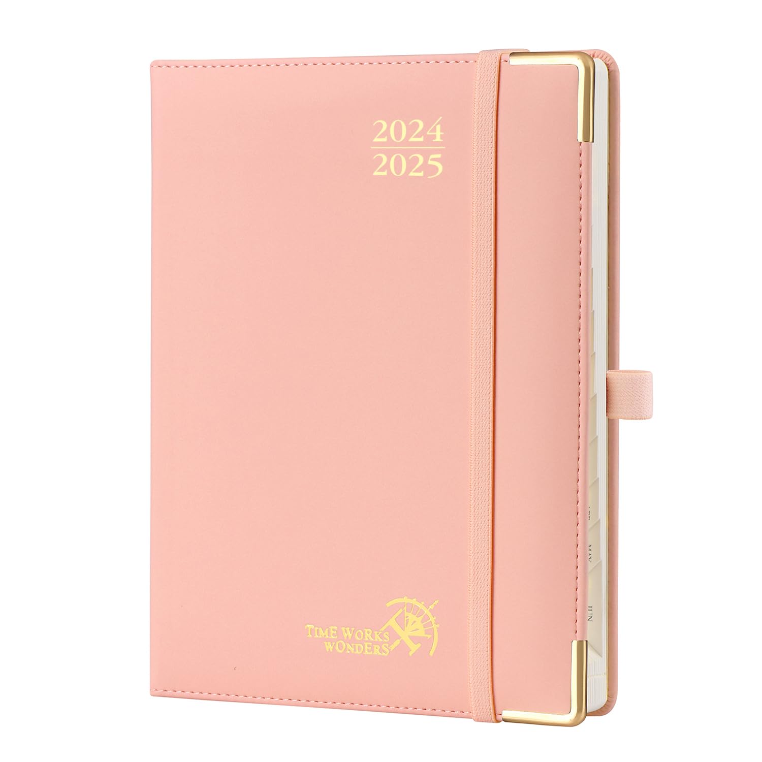 POPRUN Agenda 2024 2025 Semana Vista Premium 22 x 16,5 cm, Agenda Semanal 2024 con Tapa Dura, Esquinas Protectoras de Oro, 100 GSM Papel, Rosa Pálido