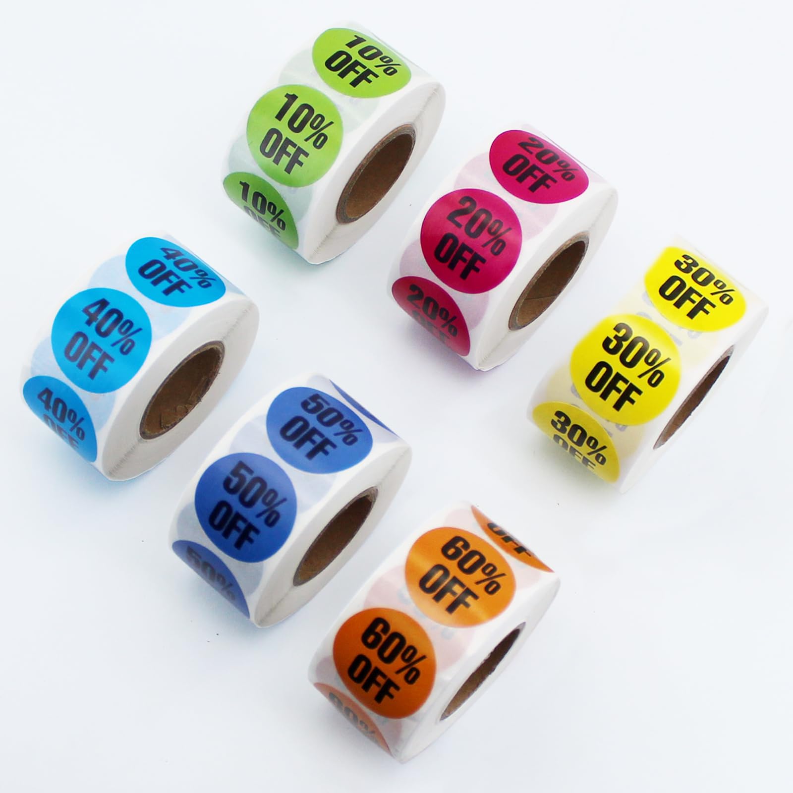 6 Rolls/3000 PCS Discount Stickers, Percent Discount from 10% to 60% Adhesive Percent Off Labels，﻿% Off Tags，1 Inch Round ractical Promotion Labels
