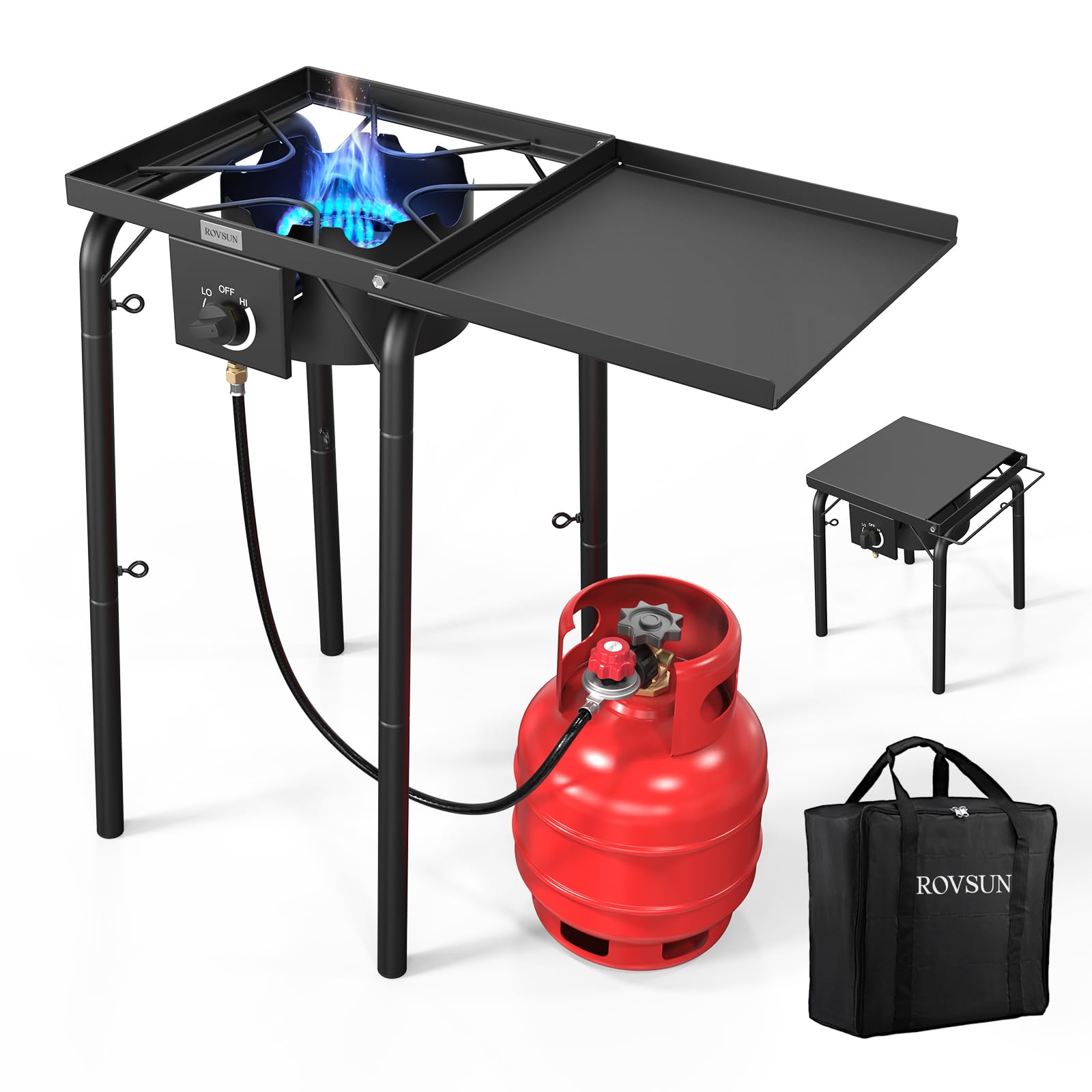 ROVSUN Single Burner Propane Gas Stove with Side Shelf & Carrying Bag, 100,000 BTU Portable Stove with Removable Legs & Regulator for Camping Home Backyard Cooking Brewing Canning Turkey Frying