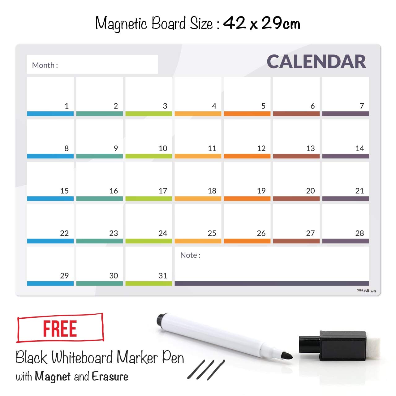 CKB LTD® Kalendar 31-Dniowa Magnetyczna Tablica na Lodówkę z Markerem, Biała i Długopis, Magnes Suchościeralny, Kuchnia, Biuro, Notatki, Duży Planer Dzienny