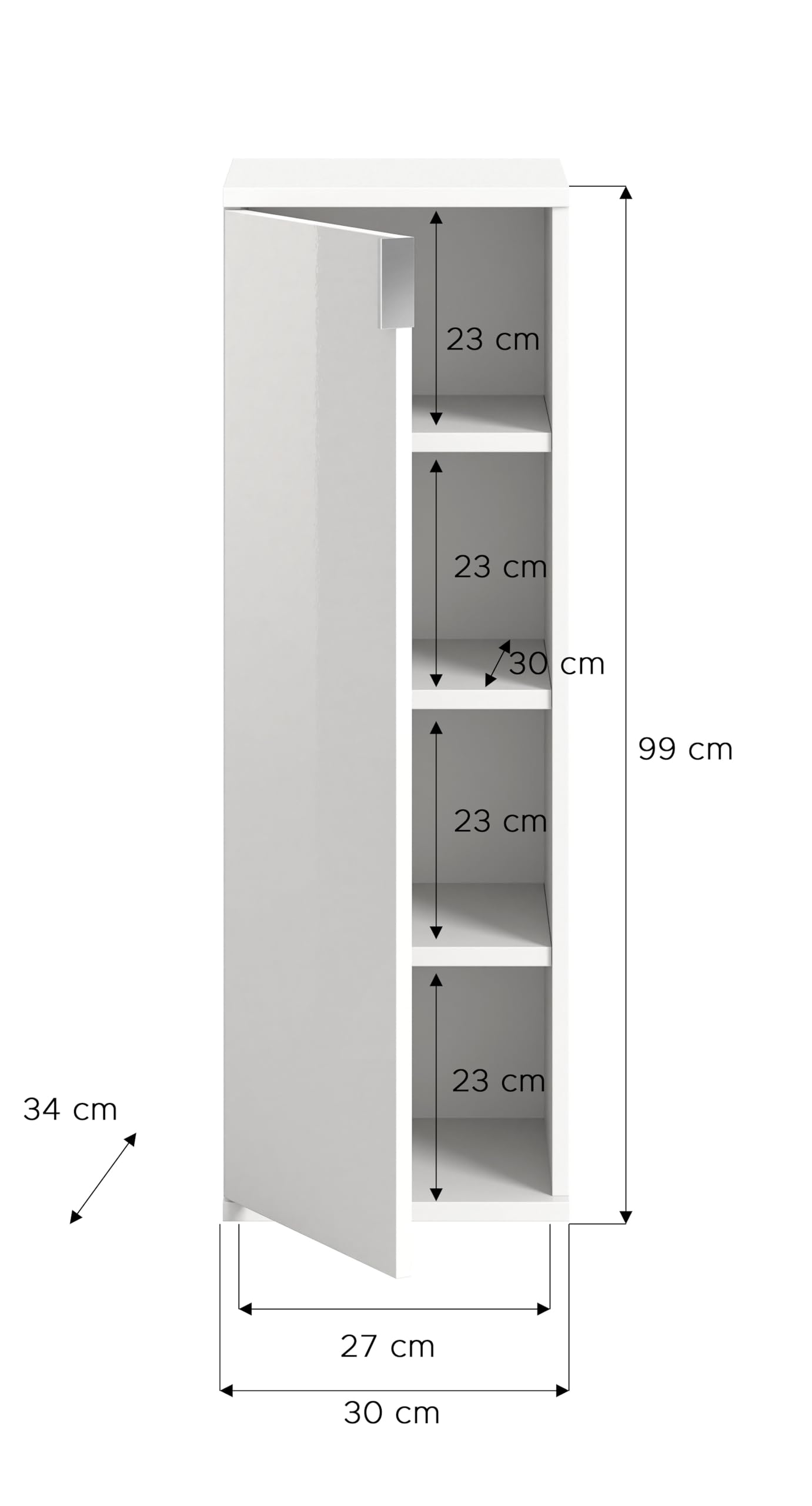 xonox.home - Kommode Projekt X 30x99x34 cm in Front weiß Hochglanz Korpus weiß - Mehrzweckschrank schmaler Beistellschrank - platzsparend – Bild 2