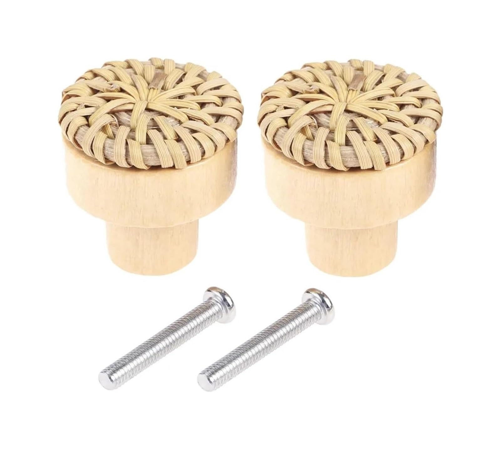 2 Pcs Rattan Knob Screws Wicker Wood Handle White(Wood Color,40mm)