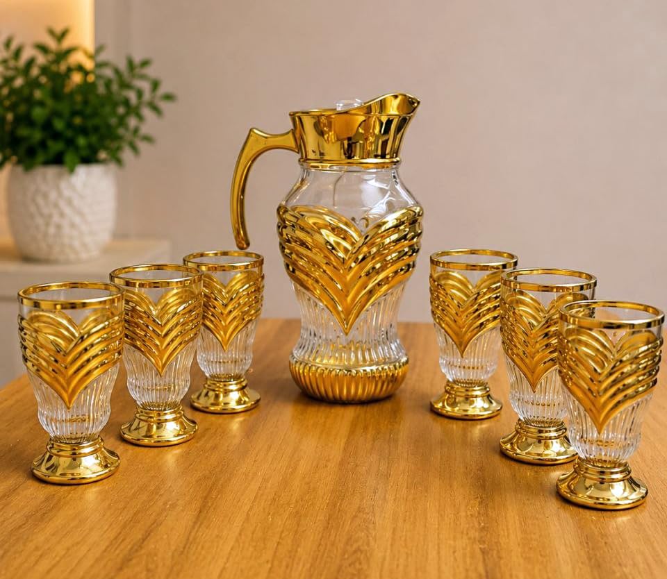 Image of Crystal Golden Water and Juice Glasses Set of 6 and Jug 1 piece Transparent, Glass and Jug Set for Dining Table,Party,Gift Set,All pourpse use Set of 1