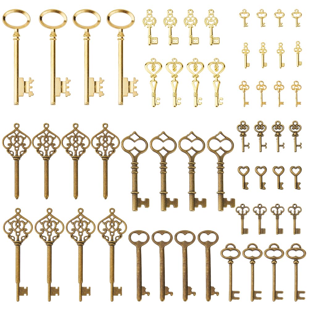 DICOSMETIC 56Pcs 14 Styles Skeleton Key Bulk Vintage Hollow Barrel Key Alloy Furniture Keys Skeleton Replacement Keys for Cabinet Doors Dresser Drawers Floor Clock