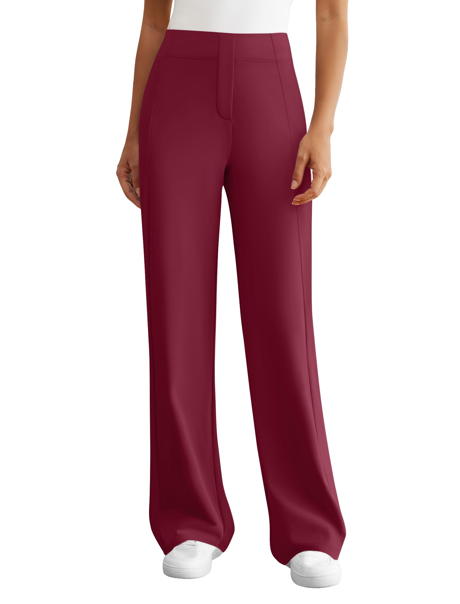 Womens Dress Work Pants Wide Leg Business Casual Slacks Stretchy High Waist Comfy Trousers with Pocket Wine Red