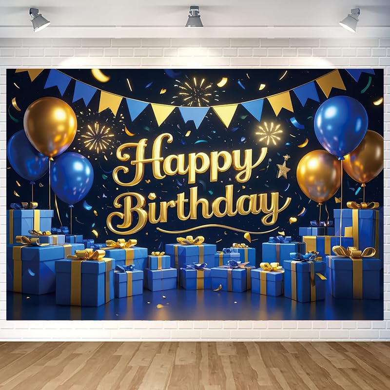 Blue Gold Happy Birthday Backdrop Banner Blue Gold Gift Boxes Photography Background for Men Home Outdoor Birthday Party Decoration Supplies 70.8 x