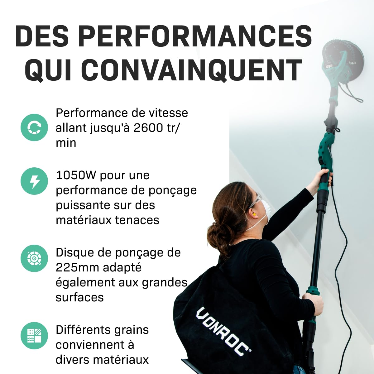 Ponceuse Girafe 1050W - Kit Professionnel Complet Nettoyage, 6 Papiers Abrasifs, Tuyau pour Aspirer Poussière - Ponceuse Mur et Plafond - Câble 4 Mètres, Tête Pivotante - Pour un Résultat Lisse