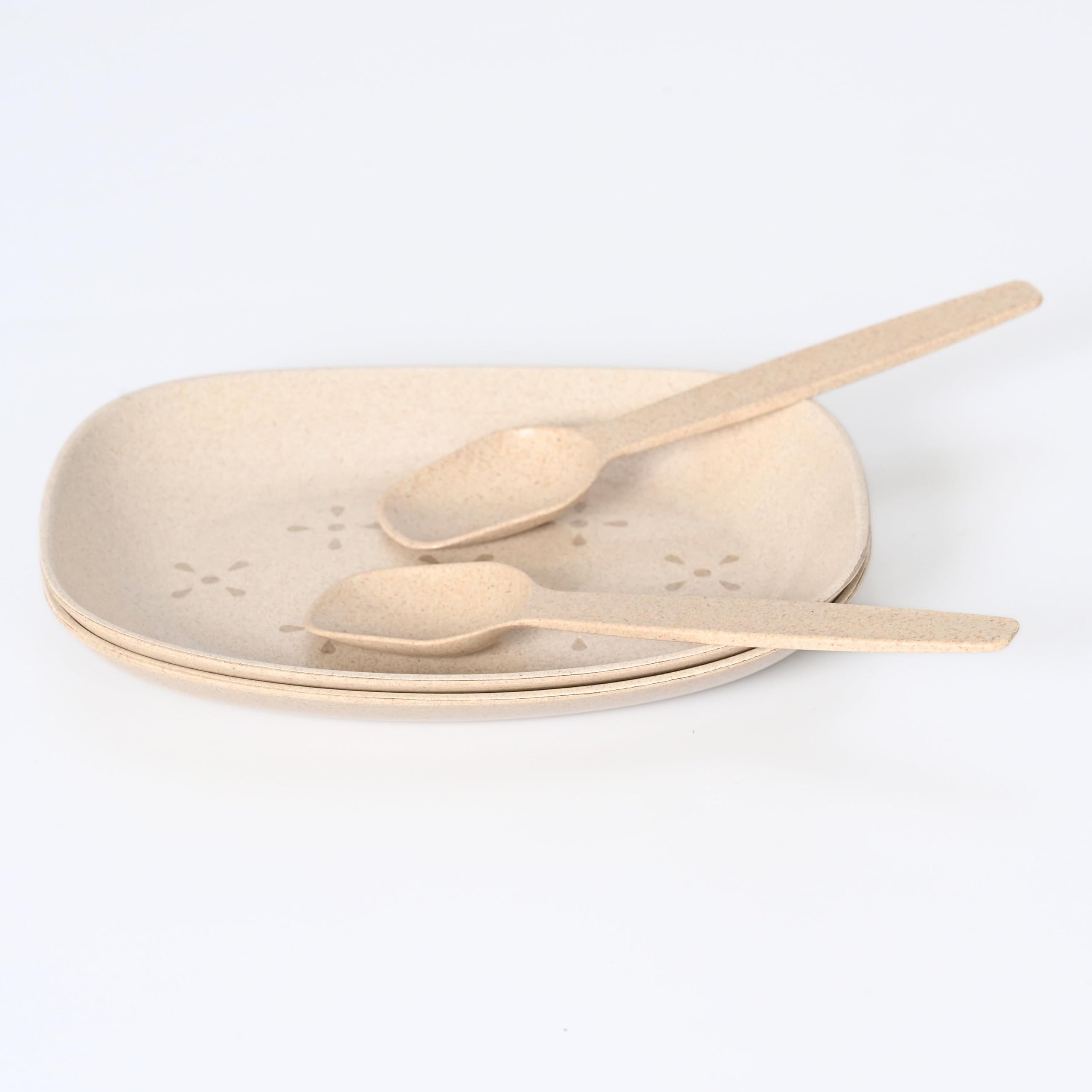 Eha Earth-Friendly Small Snack Serving Plates Set of 2 with Spoons | 6 inch | Plates Made with Bamboo Fibers & Rice Husk Fiber | Microwave Safe Plates | Dessert Plates | Sand Castle