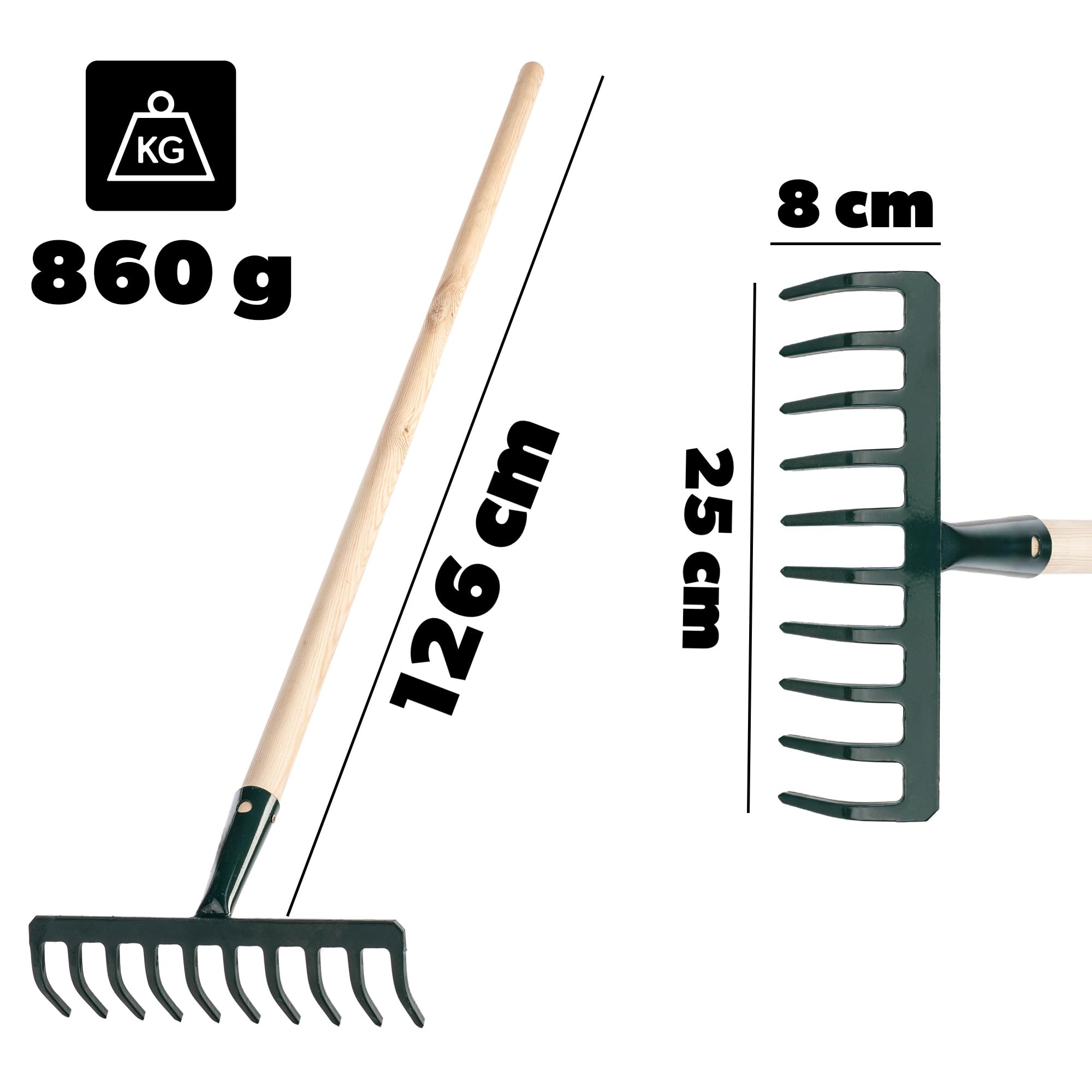 KADAX Rastrillo de metal, rastrillo plano con mango de madera, escoba para jardín, bancal, rastrillo de hojas, rastrillo de césped, verde, herramienta de jardín, rastrillo de heno, herramienta de