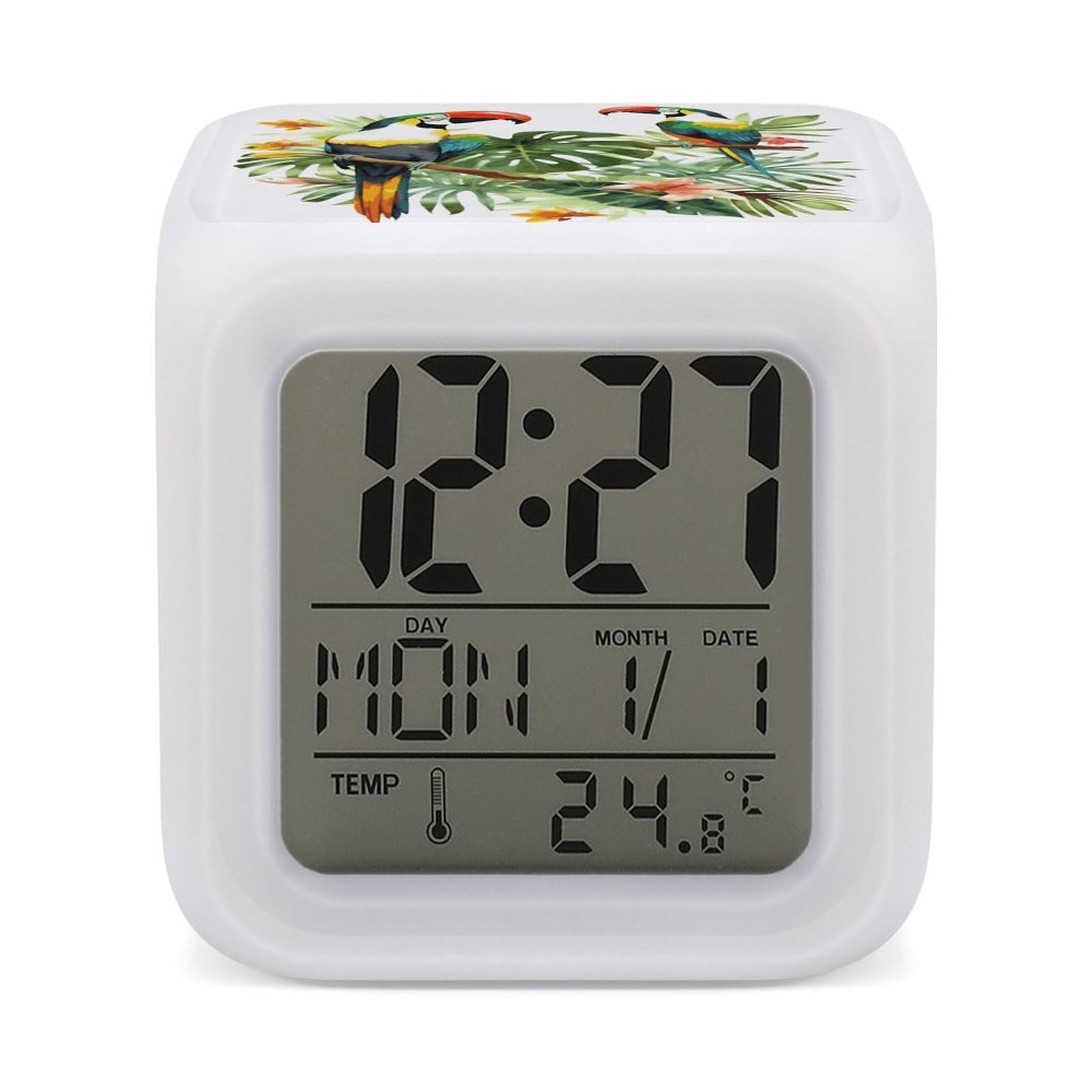 VstaDank Toucans Parrot Palm Tree Leaves Digital Alarm Clock LED Display Screen Color Change Alarms Clock Smart Alarm Clock Wake Up Digital Clocks with 7 Color Nightlight for Bedroom