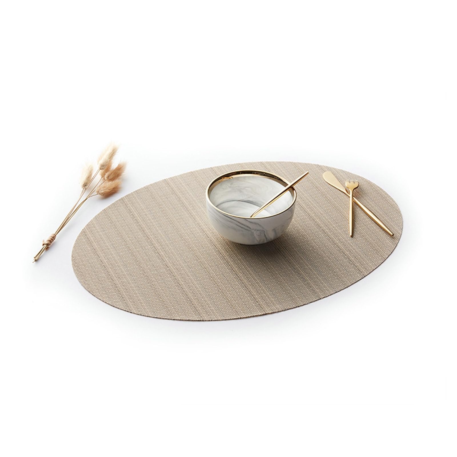 Tischset Set 12, Platzset aus Polyester Abwaschbar Beige Geflochten Oval, Platzdeckchen für Esstische Fest 45x32.5 cm