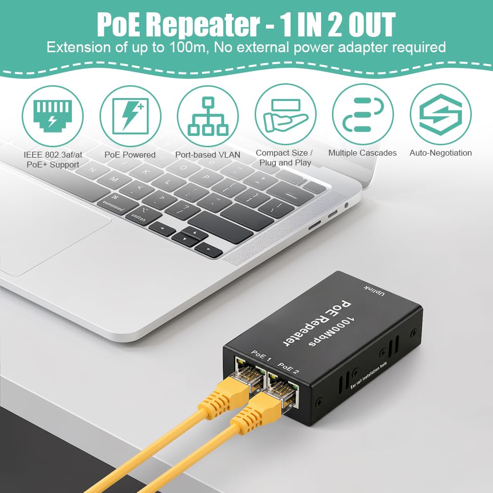 2-portowy wzmacniacz PoE Gigabit, powtarzacz PoE IEEE802.3af/at (30W) z prędkością 1000 Mb/s, rozszerza zasięg zasilania i przesyłania danych o dodatkowe 100 m, 1 wejście 2 wyjścia splitter POE