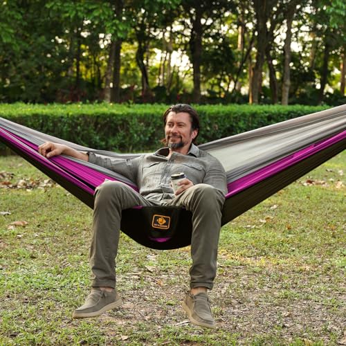 Image of Camping Hammock, Portable Hammocks with Mosquito Net,Lightweight Nylon Parachute Hammock with 10ft Tree Straps,Camping Gear Must Haves for Travel Hiking Backpacking Beach Patio-Black&Pink