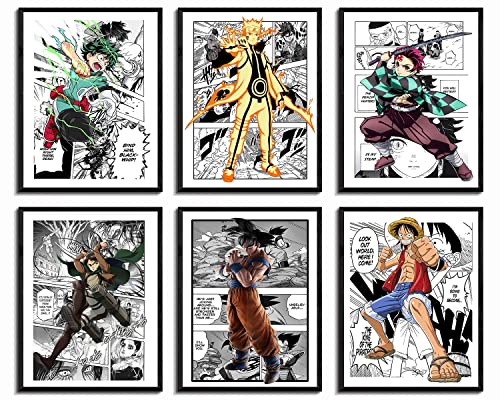 Japanese Anime dragon ball z Poster Demon Slayer Tanjiro Kamado Poster 11x14 inch One Piece Luffy Canvas Wall Art My Hero Academia Izuku Midoriya Eren Yeager Attack On Titan HD Print Painting (set of 6) Unframed