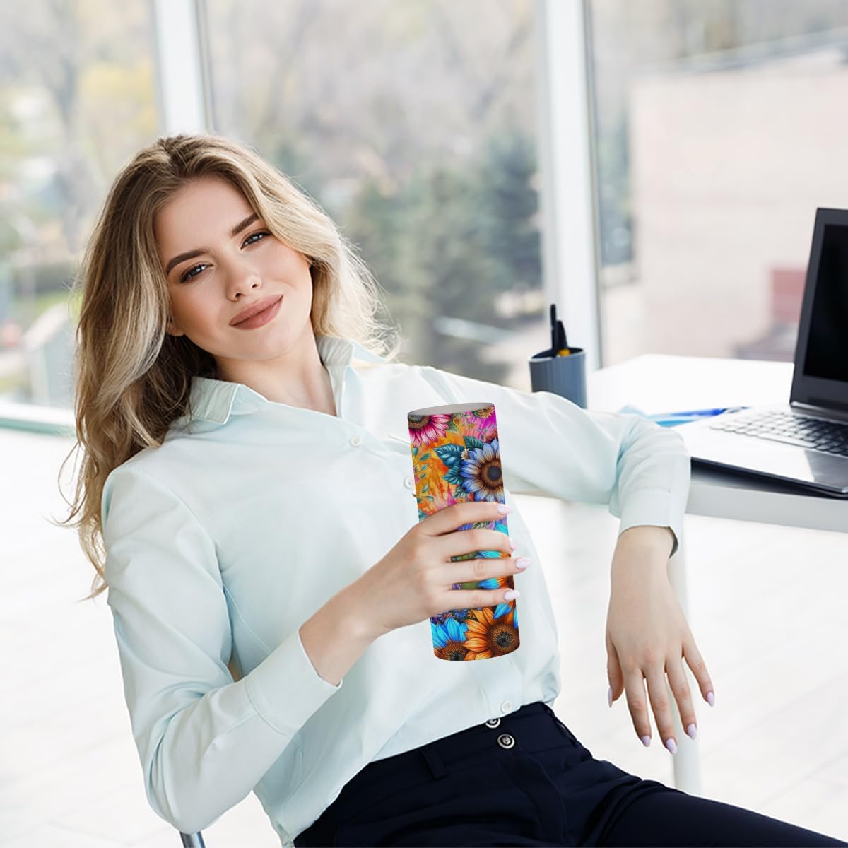 Sunflowers 20 oz Skinny Tumbler Stainless Steel Slim Insulated Tumblers Straight Tumbler Cups Coffee Mug Thermal Travel Cup with Lid, Christmas Birthday Sunflower Gifts for Women Bestie Coworker - Image 4