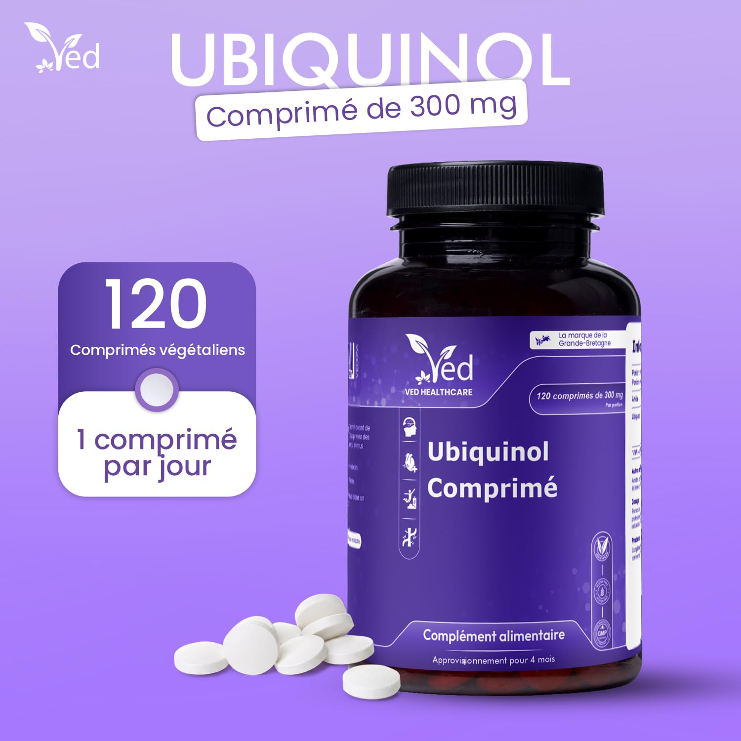 Avec l'ubiquinol | Forme active coq10 | Absorption élevée/Bioactivité améliorée, 300 mg 120 Tablets.