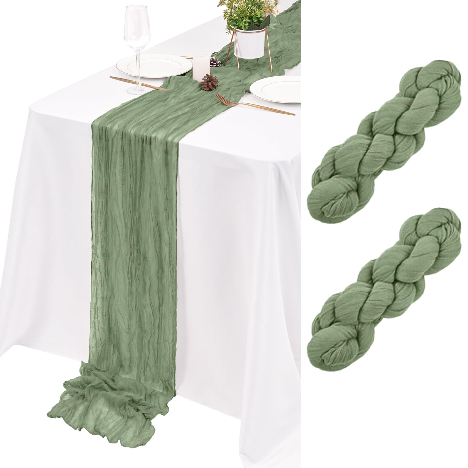 2 Pack Sage Green Cheesecloth Table Runner 17×108inches Table Runner Wedding Decor Boho Gauze Cheese Cloth Table Runner for Wedding Party Baby Bridal Shower Birthday Holiday Home Easter Party