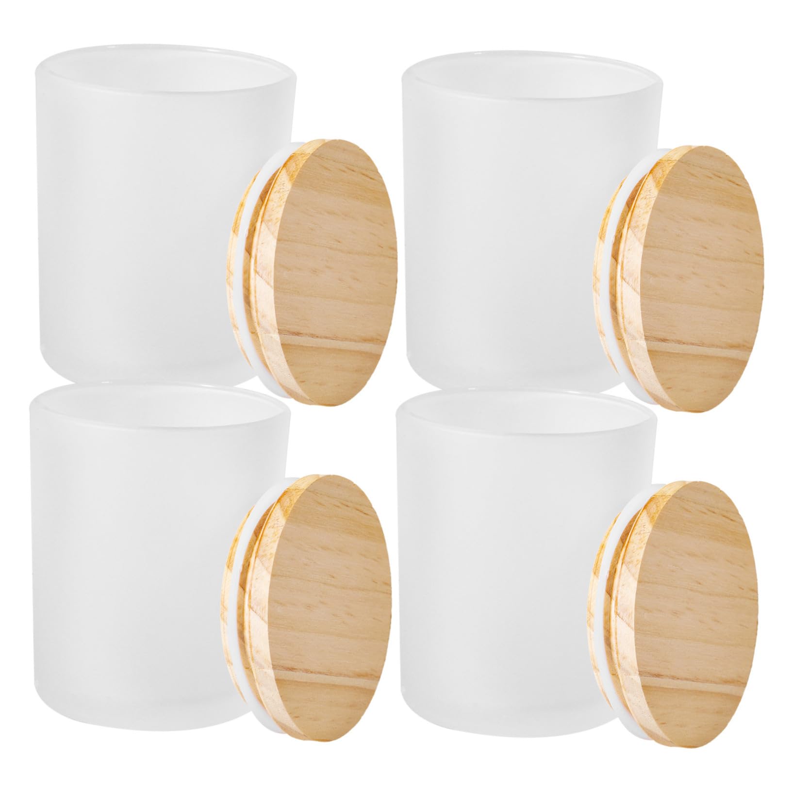 Set di 4 Bicchieri per Candele Smerigliati in Vetro e Legno 400ml | Finitura Opaca Raffinata, Forma Cilindrica, Facile da Pulire, Stabilità e Bilanciamento