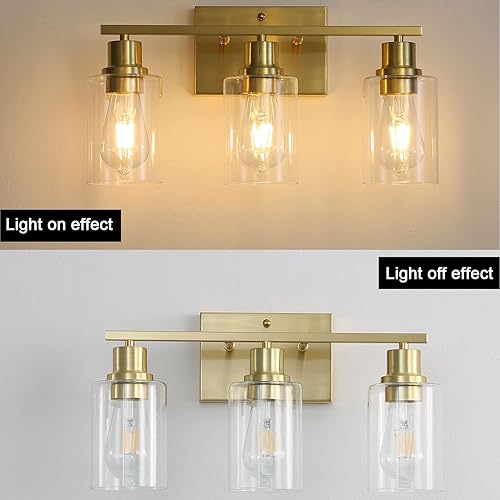 Miniatura 3 de Lámpara de baño dorada de 3 luces, luz de tocador de latón cepillado con pantalla de vidrio transparente, luces de pared de baño modernas para sala