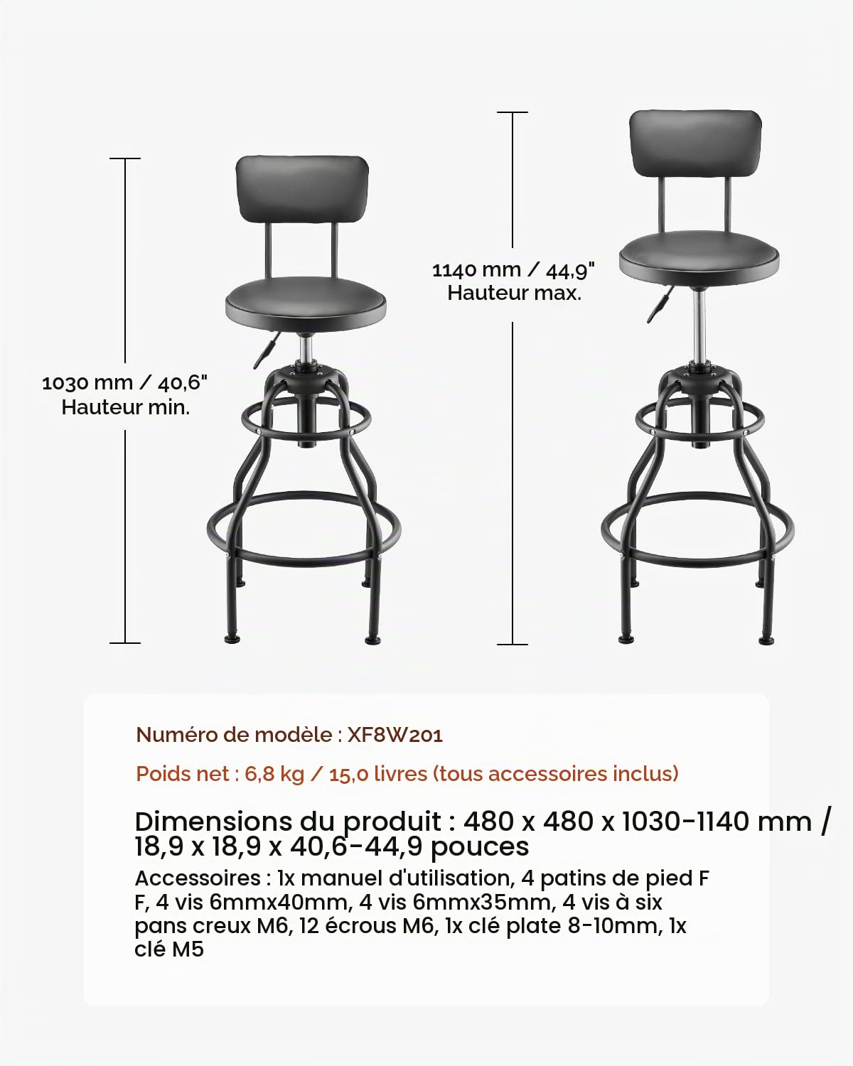 VEVOR Tabouret d'Atelier avec Dossier, Tabouret de Mécanicien sur roulettes avec Capacité de Charge Maximale de 136 kg, Siège de Garage Rembourré Pivotant à 360°, Réglable en Hauteur, pour Garage