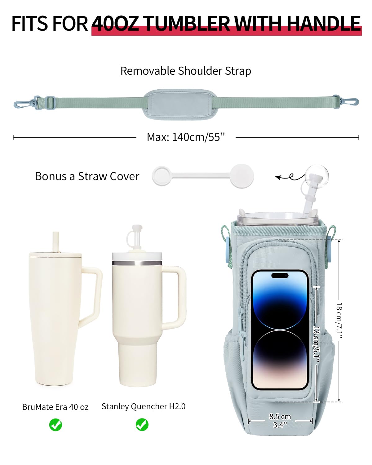 sportsnew Birthday Gifts for Women Personalized Initial Water Bottle Holder with Strap fits most 40oz Tumbler with Handle Water Bottle Carrier Bag with Phone Pocket & Straw Topper Tumbler Accessories